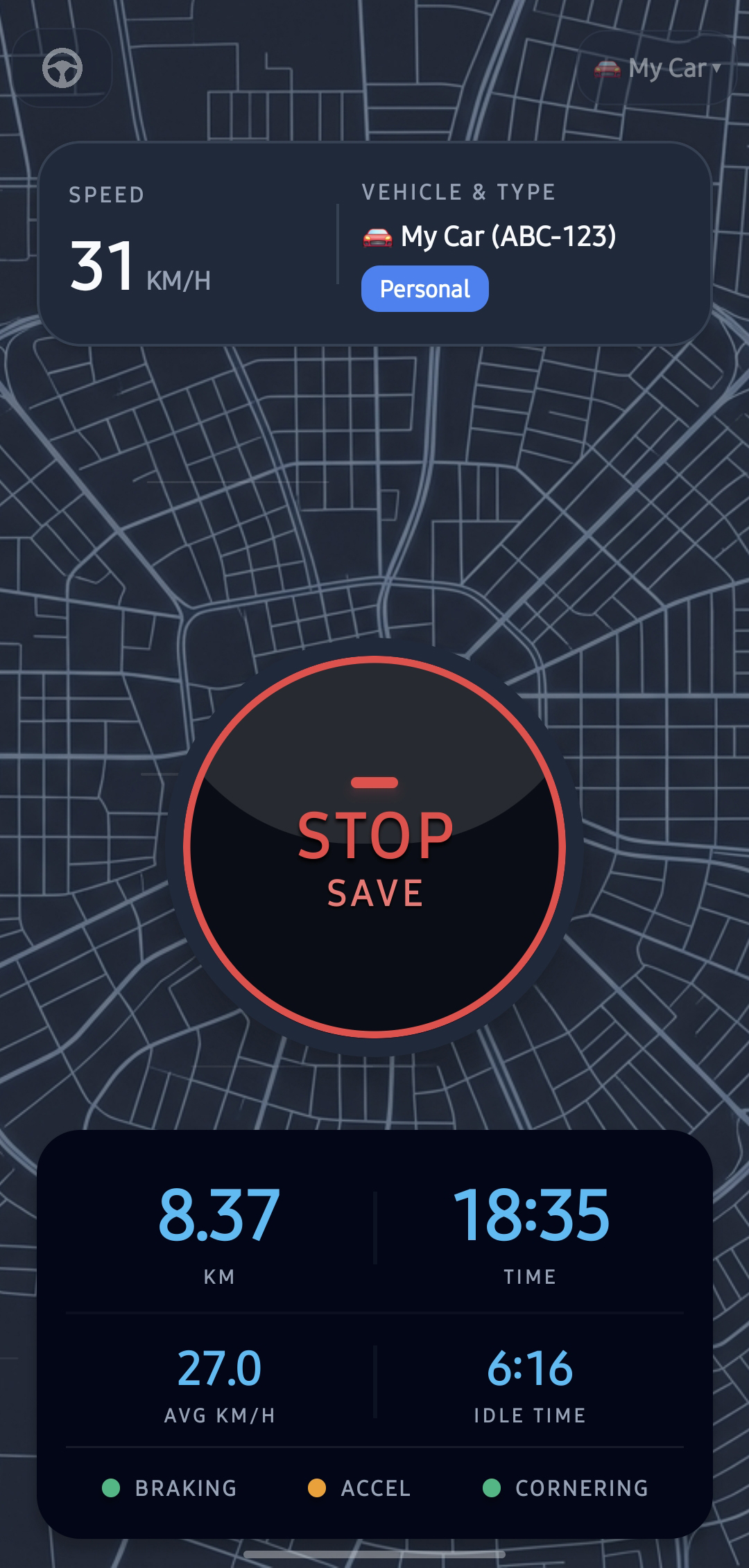 TripLog Live HUD Tracking Screen