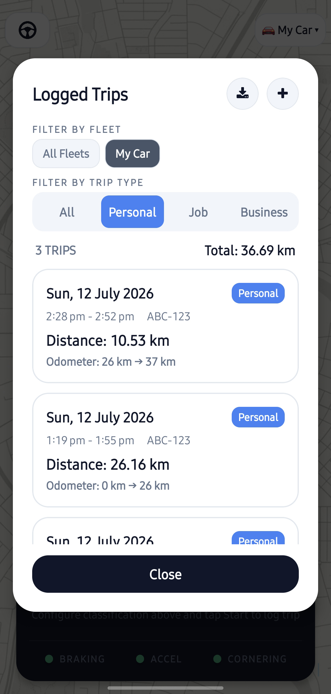 TripLog Logged Trips List Screen