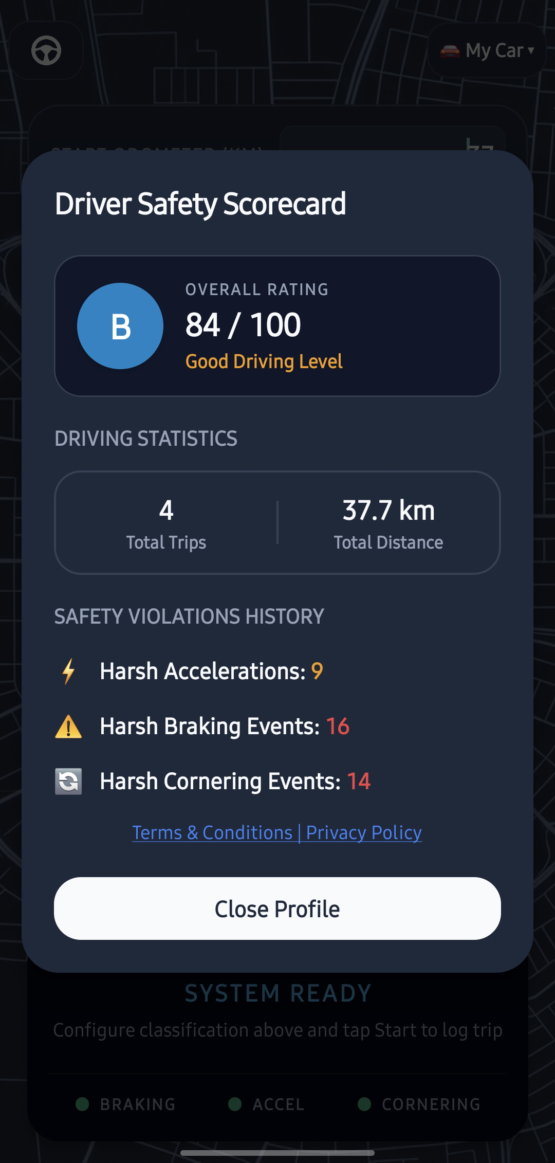 TripLog Driver Safety Scorecard Screen