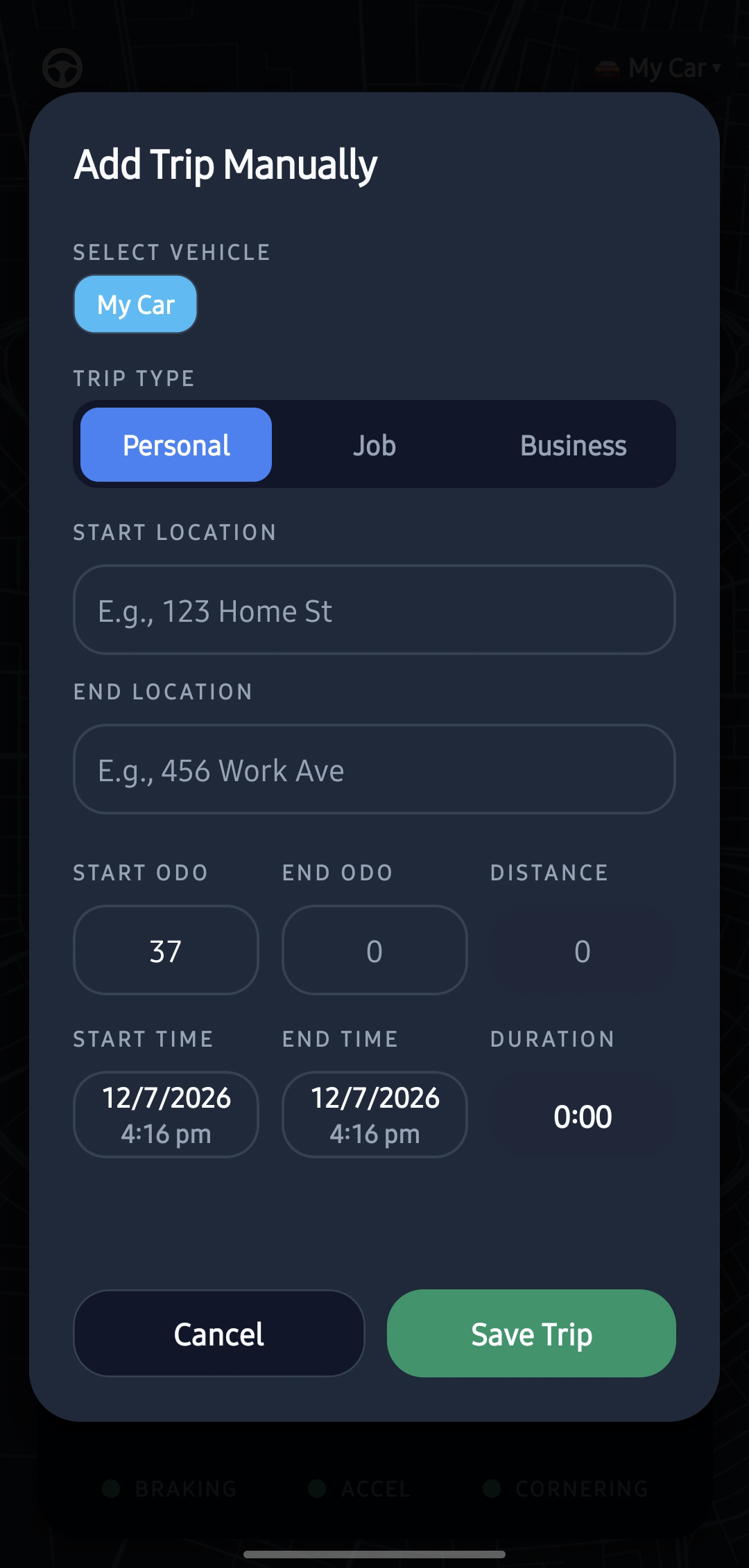 TripLog Manual Mileage Logging Screen