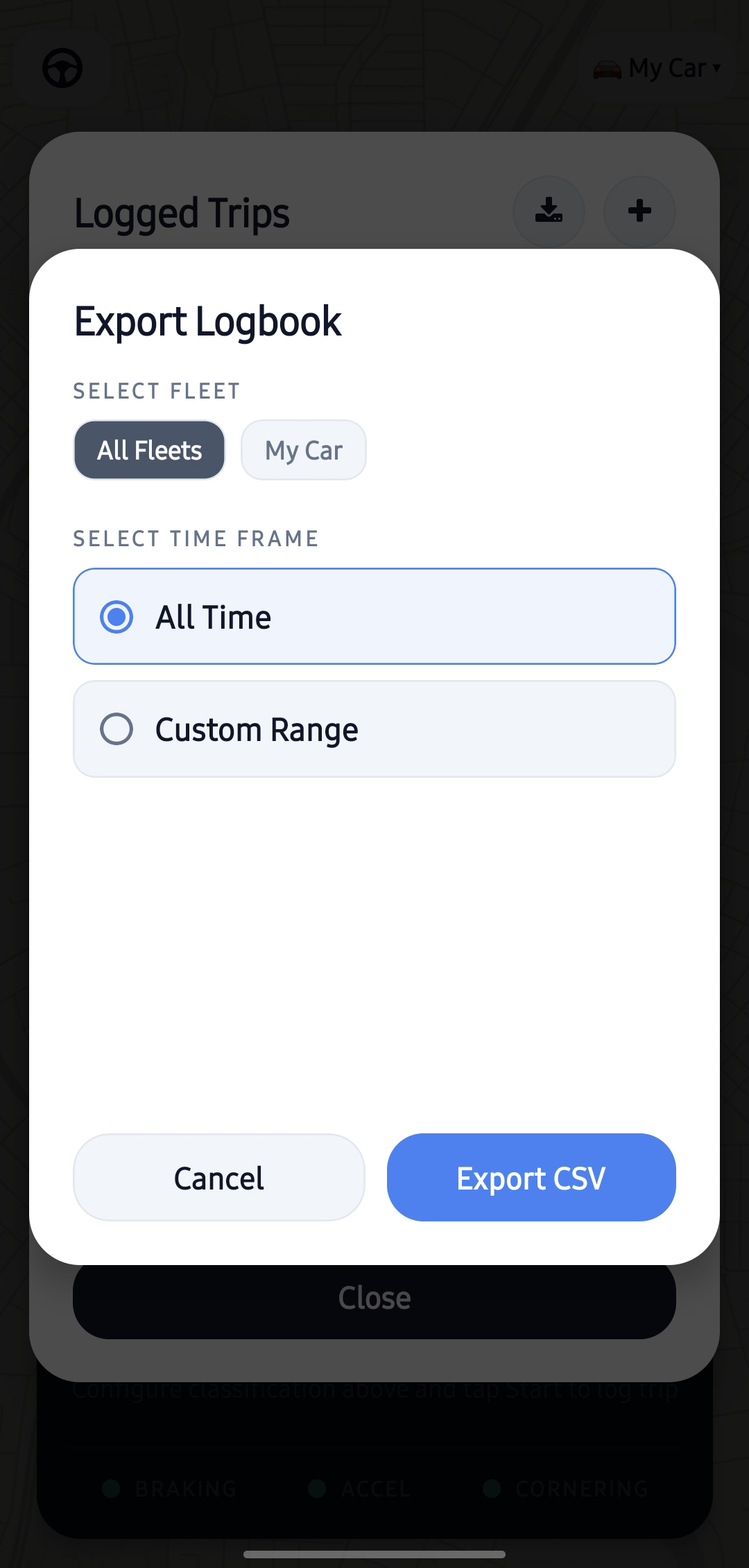 TripLog ATO CSV Export Dialog Screen